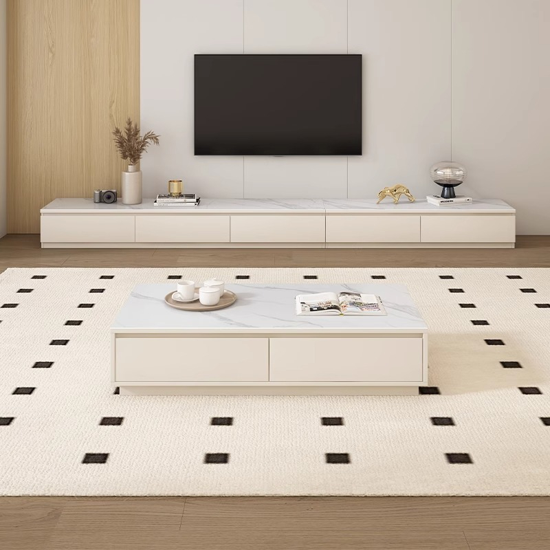 [Pre-order] Oulang 2024 Solid Wood Cream Style Slate TV Cabinet Coffee Table Combo Small Household Modern Simple White Living Room TV Cabinet-Smart-Living