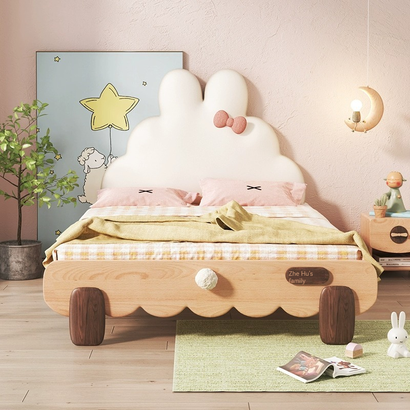 [Pre-order]  Cotton bunny bed solid wood kids bed girl princess bed bedroom soft bag single cream style girl bed sister-Smart-Living