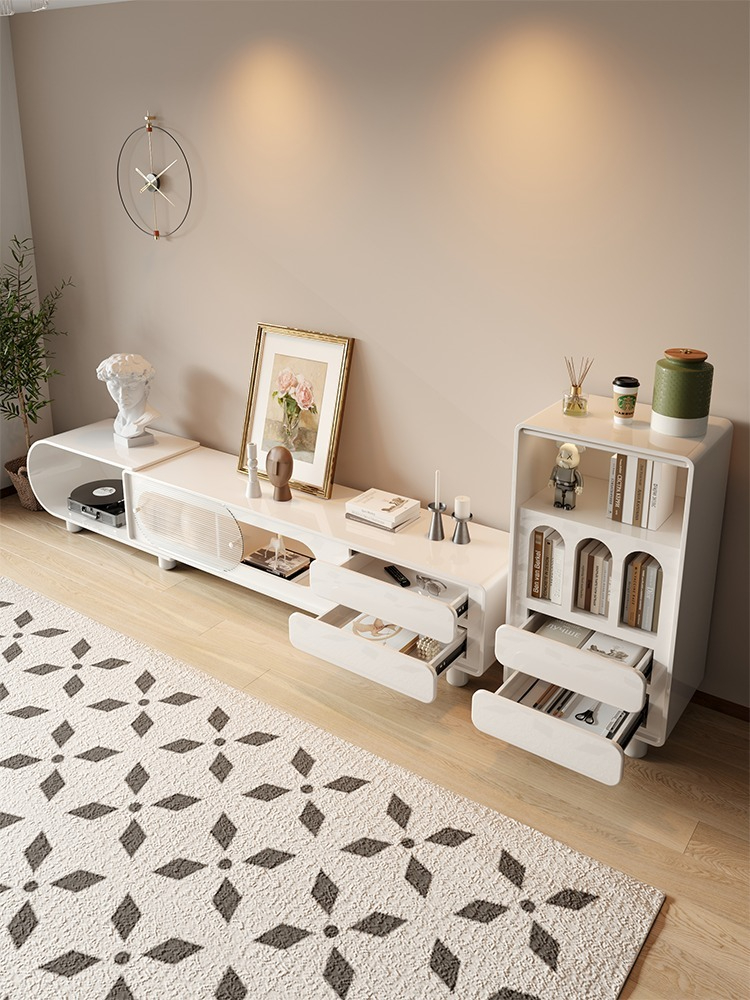 [Pre-order]  Telescopic TV cabinet sideboard combination cream style modern simple home living room small apartment white storable floor cabinet-Smart-Living