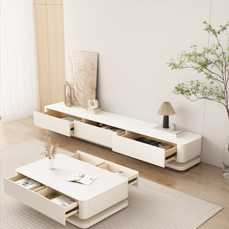 [Pre-order] Rock panel coffee table TV cabinet combination 3m living room floor cabinet Modern simple cream wind light luxury senior small household-Smart-Living