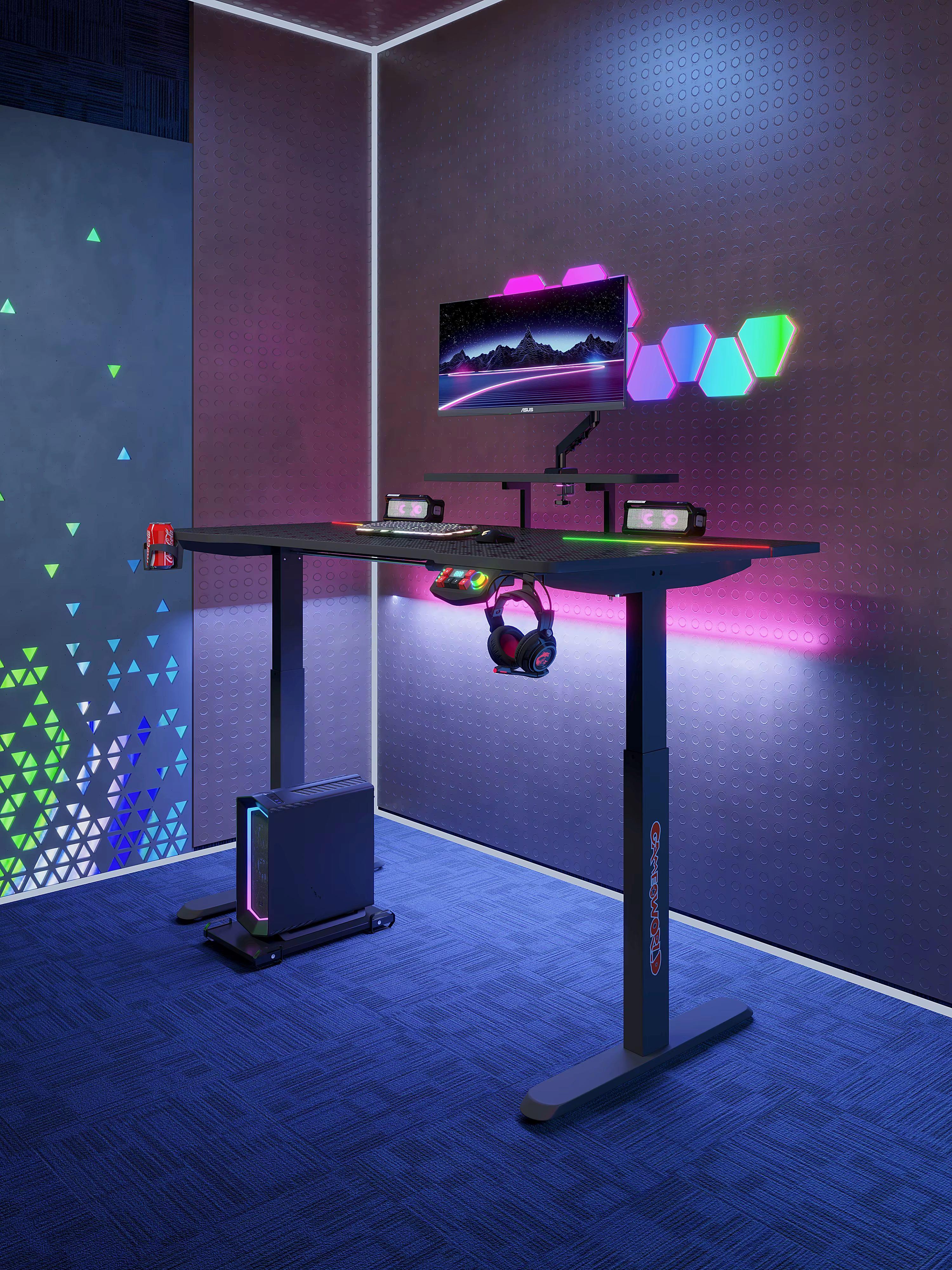 Foshan Furniture DC [ Pre-Order] RGB Carbon Fiber Gaming Desk Height Adjustable Electric Standing Desk with LED Lights for Gamers & Home Office