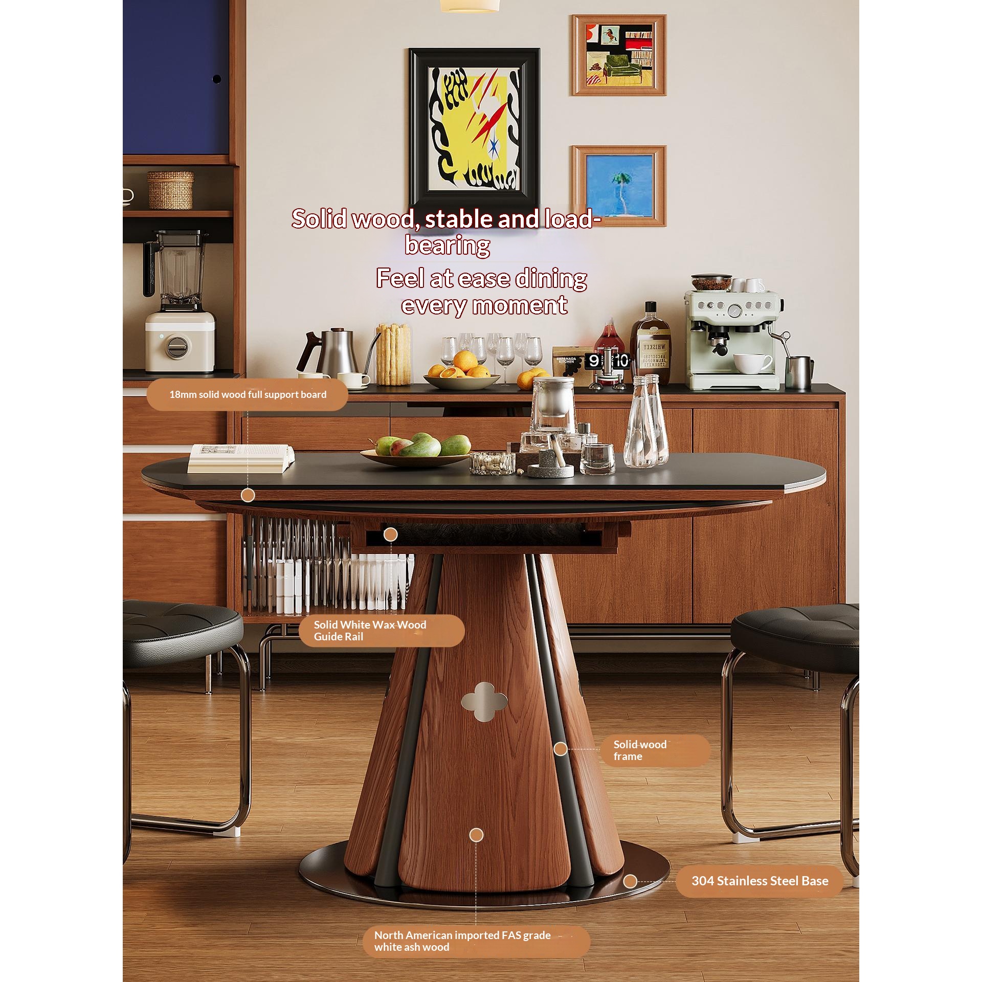 [PRE-ORDER] Solid Oak Vintage-style slab dining table, small apartments, convertible round table, foldable dining table.