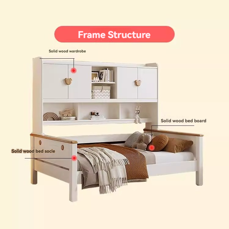 Cream style children's solid wood wardrobe bed white 1.2m 1.35m 1.5m men's and girls' bedroom bookshelf combination bed-Smart-Living