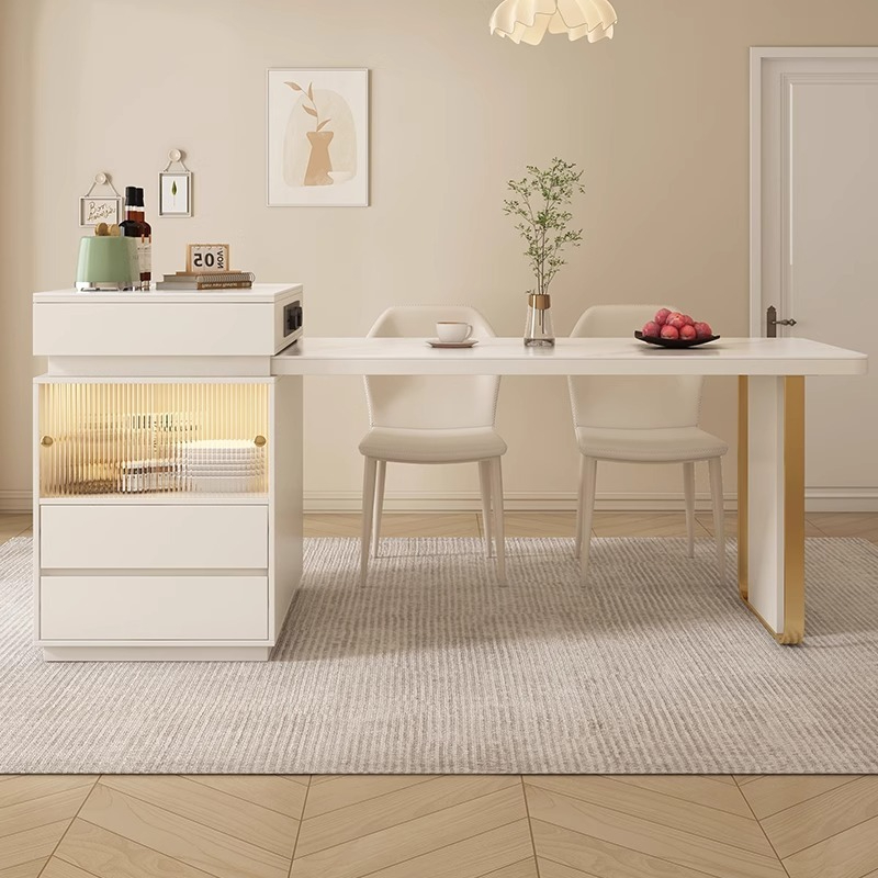 [Pre-order] Oulang 2024 new cream style restaurant island table and chair combination, expandable living room solid wood rock board dining table-Smart-Living