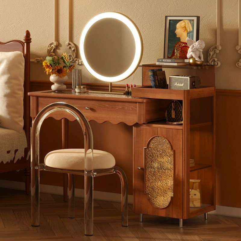 [Pre-order]  French vintage wood dresser chest integrated bedroom simple antique style small apartment telescopic Nordic dressing table-Smart-Living