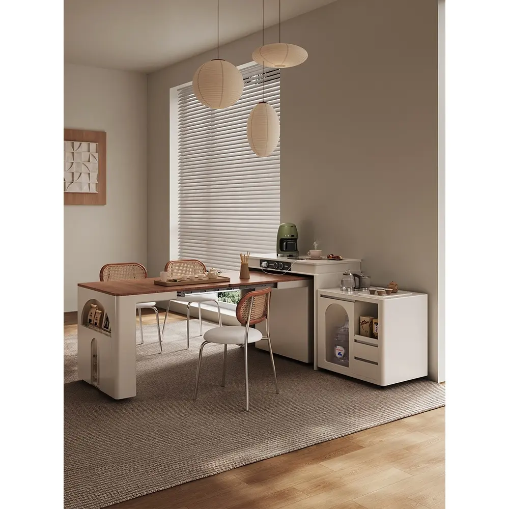 Pre Order MT Island Table 3 in 1 Island Table Foldable Extendable Table Mid-Century Solid Wood Sideboard with Wall-Mounted Storage, Extendable Folding Table, and Tea car Station