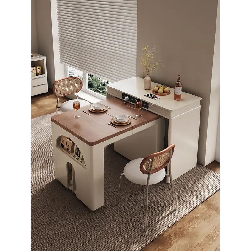 Pre Order MT Island Table 3 in 1 Island Table Foldable Extendable Table Mid-Century Solid Wood Sideboard with Wall-Mounted Storage, Extendable Folding Table, and Tea car Station