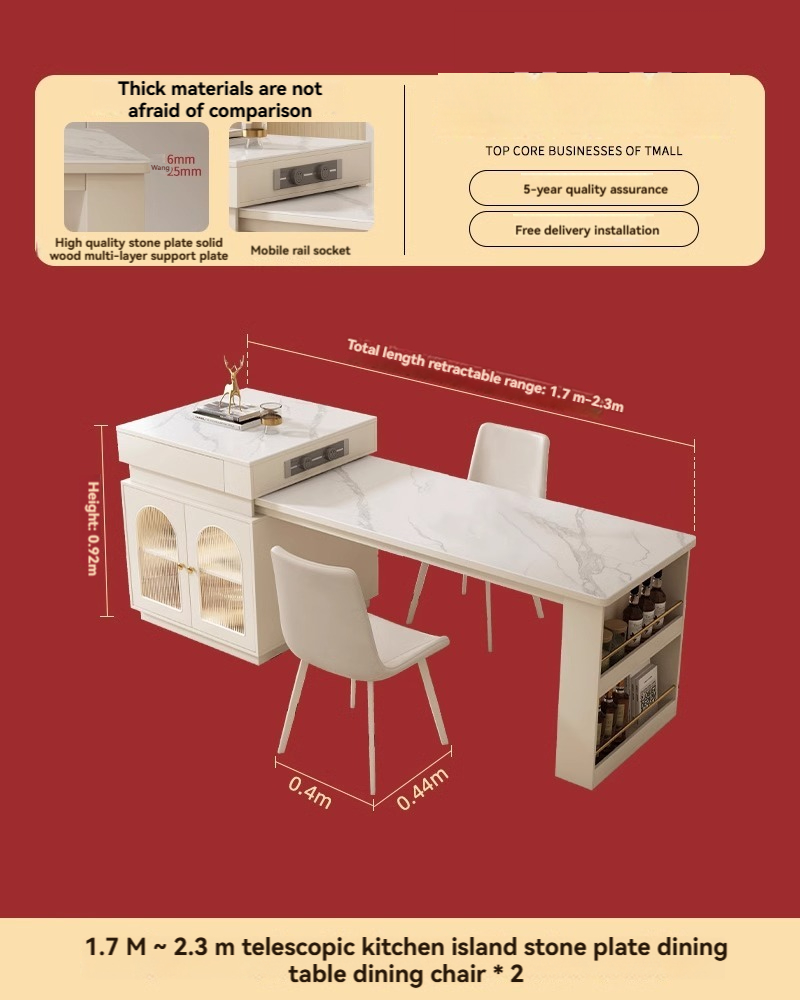 [Pre-order] Oulang Creamy style dining room island dining table and chairs combination retractable living room solid wood slate dining table 2024 new-Smart-Living