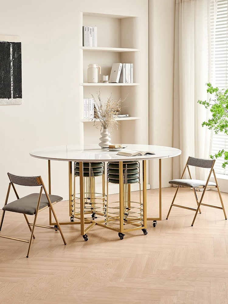 【Showroom】Small unit rock panel folding dining table, household circular dining table, simple and modern storage table, chair combination, round table-Smart-Living