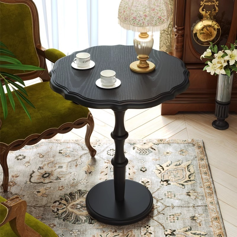 [pre order]French vintage solid wood small round table, mini coffee table, black bedside corner, small negotiation table-Smart-Living