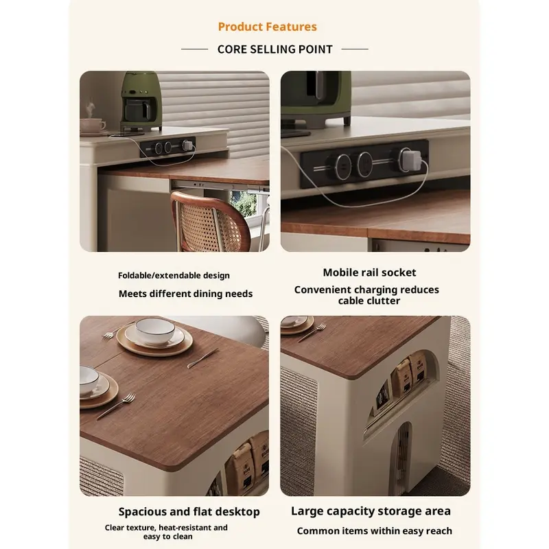 Pre Order MT Island Table 3 in 1 Island Table Foldable Extendable Table Mid-Century Solid Wood Sideboard with Wall-Mounted Storage, Extendable Folding Table, and Tea car Station