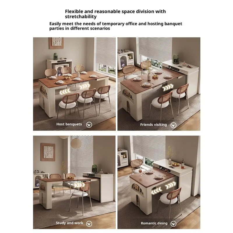 Pre Order MT Island Table 3 in 1 Island Table Foldable Extendable Table Mid-Century Solid Wood Sideboard with Wall-Mounted Storage, Extendable Folding Table, and Tea car Station