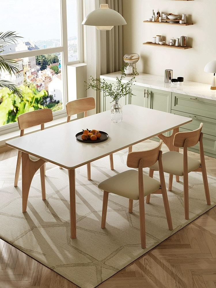 [Pre-order] Solid wood rock plate dining table small apartment style cream wind dining table simple modern Nordic log rectangular dining table and chair combination-Smart-Living