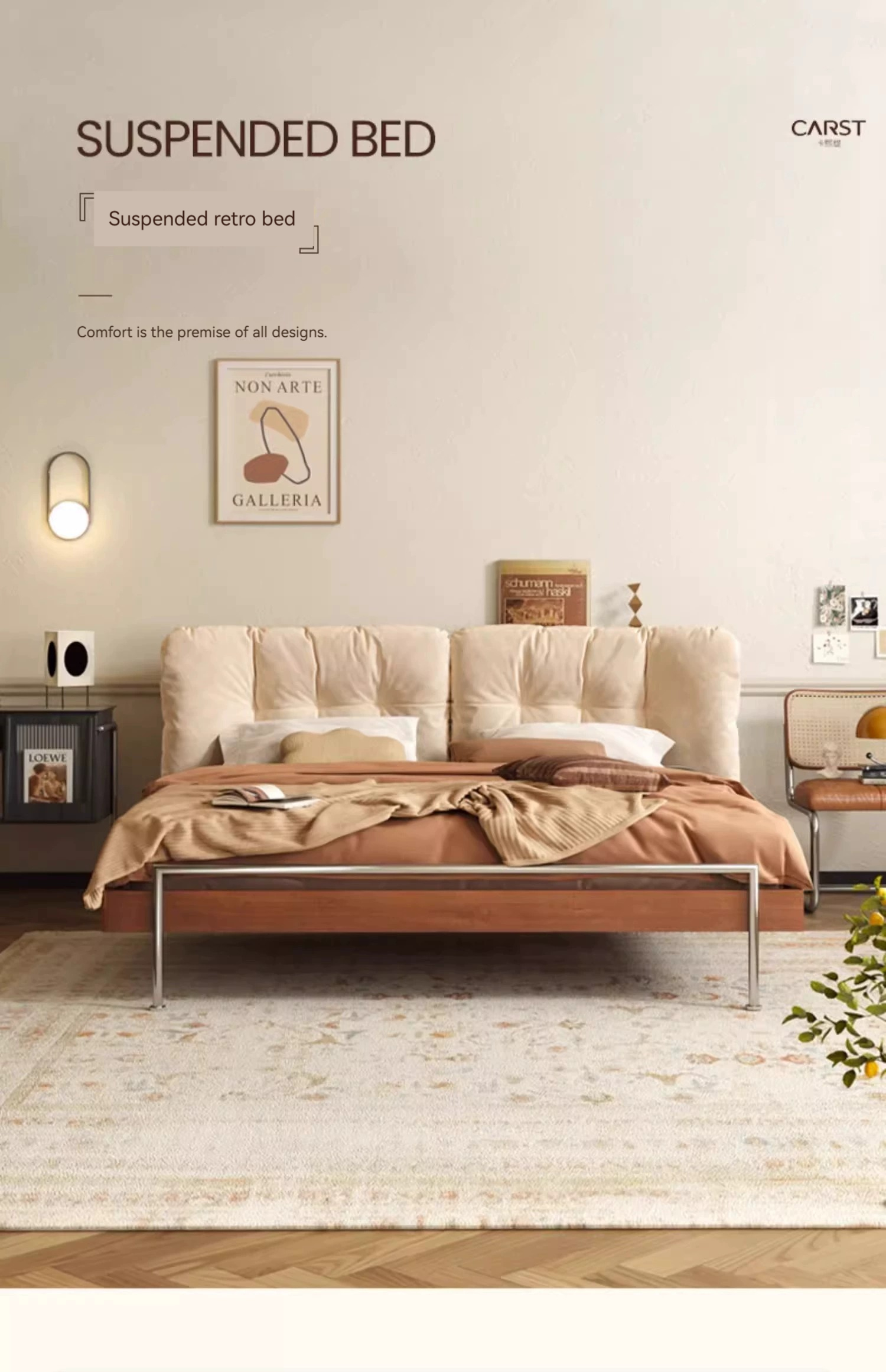 [Pre-order]  Solid wood upholstered bed, suspended vintage master bedroom bed, small household, home 1.5m modern simple fabric, 1.8 double bed-Smart-Living