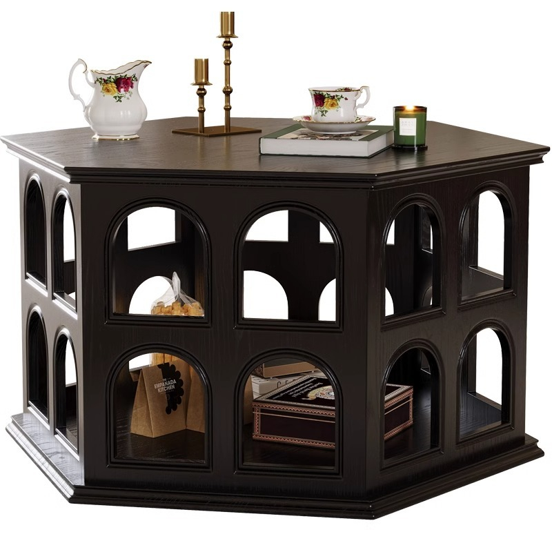 [pre order]French vintage solid wood coffee table, hexagonal openwork, antique tea table, wooden black round arch sofa side table-Smart-Living