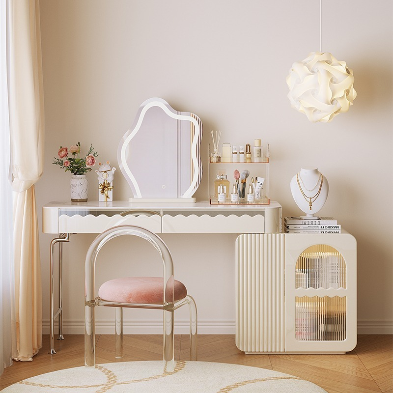 [Pre-order]  Light luxury stone slab dresser, French cream bedroom, modern INS small apartment telescopic dressing table, storage cabinet in one-Smart-Living