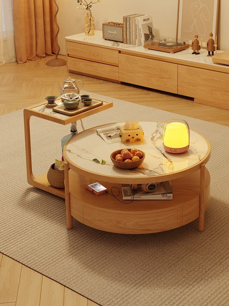 [Pre-order] Japanese-style log style Kung Fu coffee table round slate home living room small apartment multi-functional balcony boiling water tea table-Smart-Living