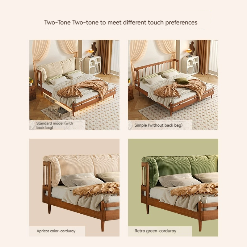 [Pre-order]  French Windsor solid wood bed cream style furniture small apartment vintage boxwood master bedroom 1 .8M upholstered double bed-Smart-Living