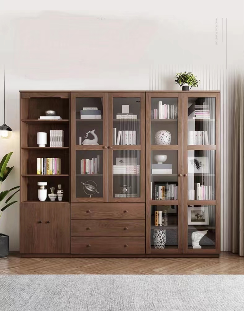 A modern minimalist bookcase with a freestanding design and doors suitable for home study