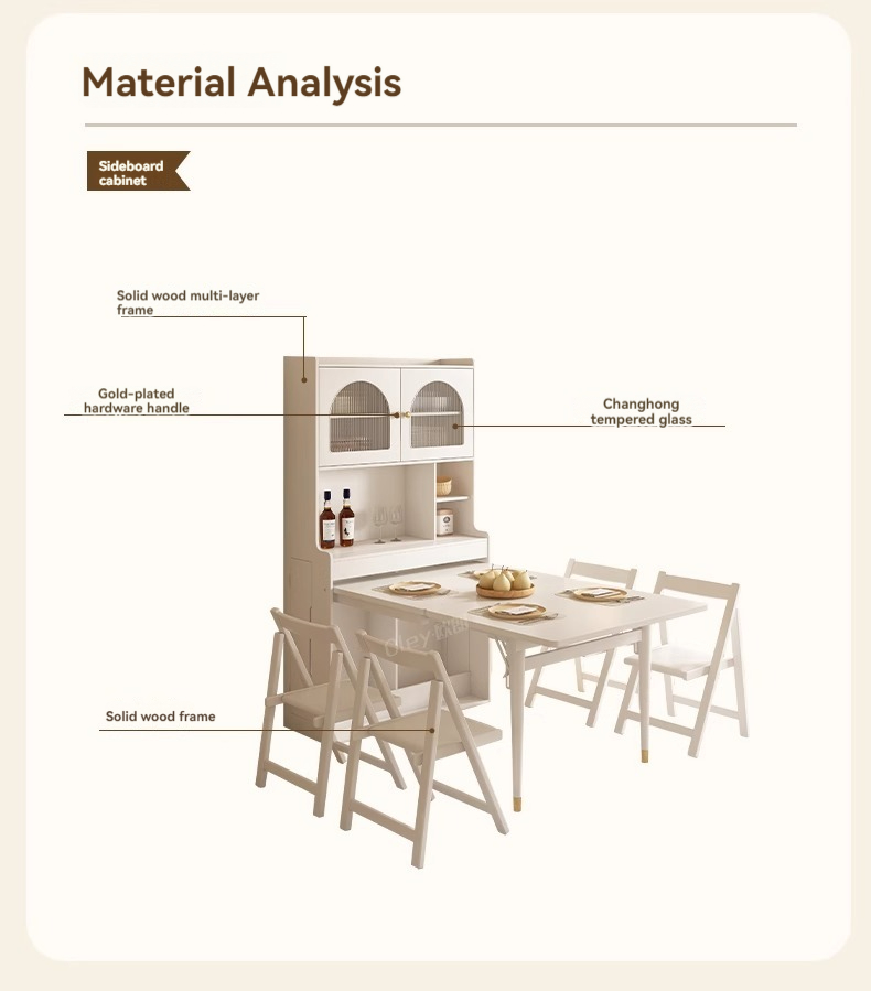 [Pre-order] Oulang French Cream Style Solid Wood Folding Dining Table and Chair Combination Simple and Modern Integrated Dining Side Cabinet Island Table-Smart-Living