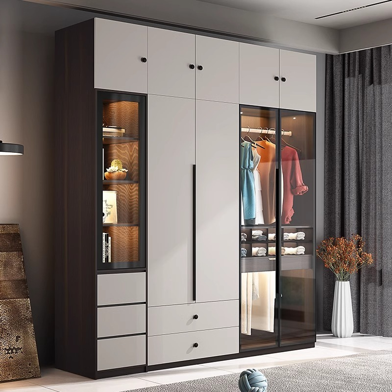 [Pre-order]  Solid wood wardrobe bedroom home with glass door modern simple open door storage cabinets light luxury wardrobe-Smart-Living