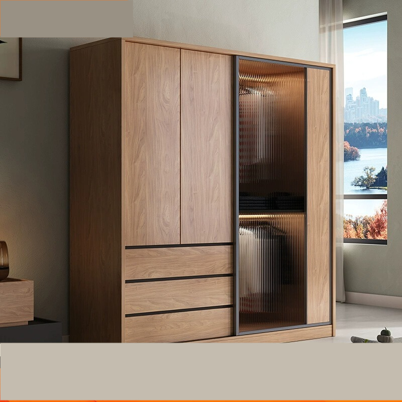 [Pre-order]  Modern light luxury sliding door wardrobe home bedroom simple small apartment net red large capacity solid wood color glass wardrobe-Smart-Living