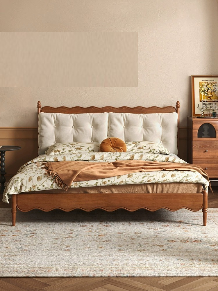 [Pre-order]  French vintage full solid wood bed, master bedroom, Windsor simple modern small apartment upholstery, American antique cream double bed-Smart-Living