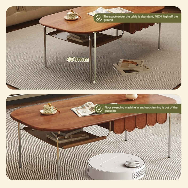 [Pre-order]  Solid wood coffee table, living room table, household small house, vintage Nordic stilt tea table, long oval simple storage tea table-Smart-Living