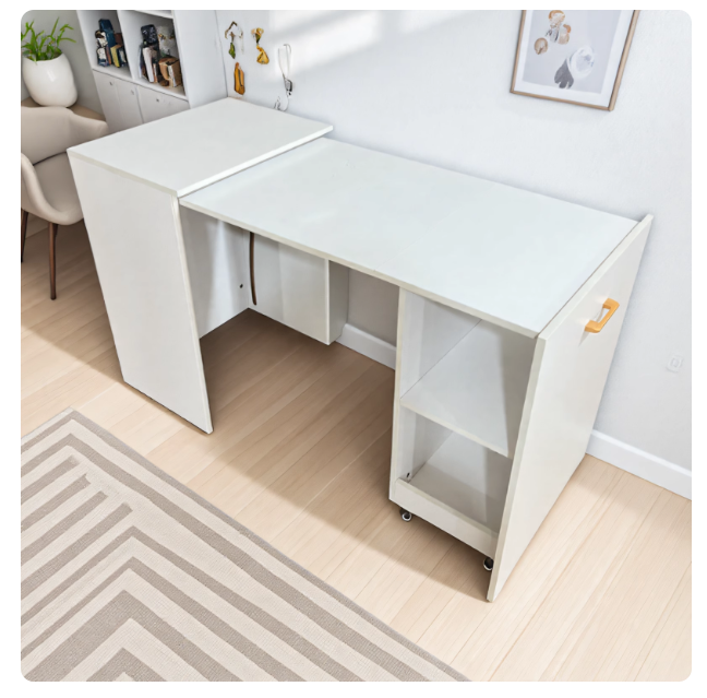 White extendable dining table rental furniture bookshelf, minimalist foldable table with built-in storage