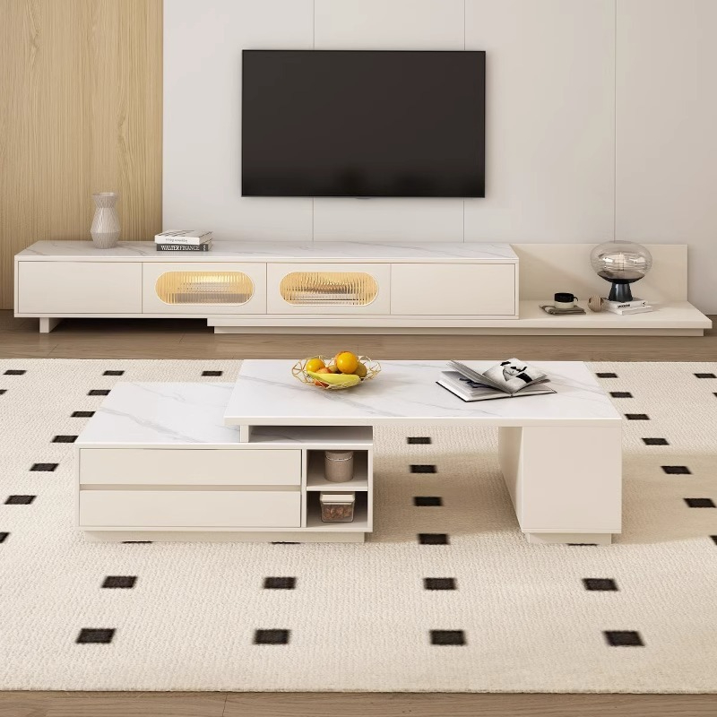 [Pre-order] Oulang 2024 New Solid Wood Rock Slab Retractable TV Cabinet Coffee Table Combination Modern Simple Floor Cabinet White Floor Cabinet-Smart-Living