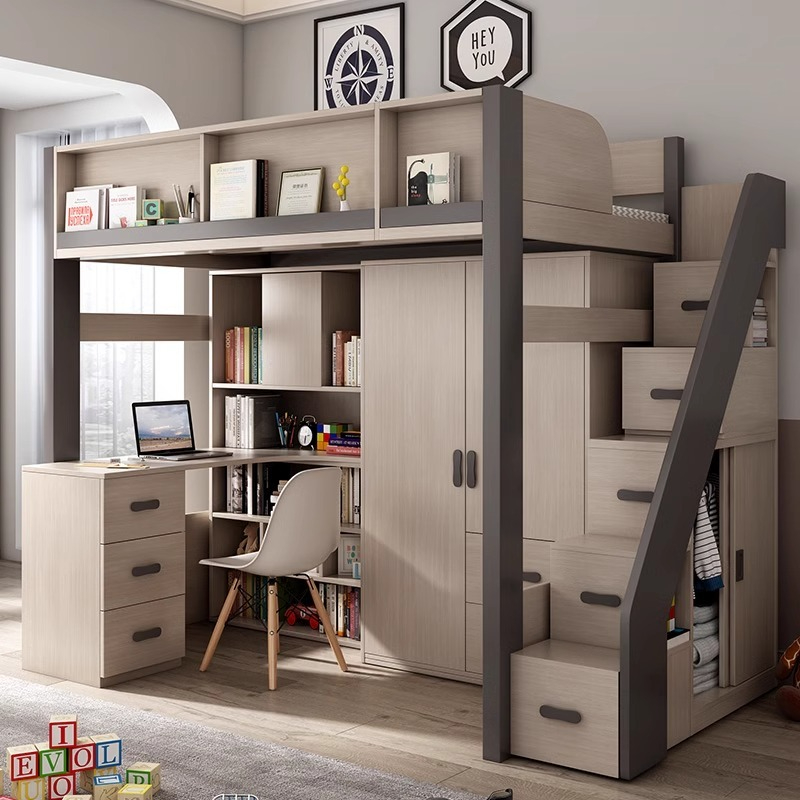 [Pre-order]  Nordic bed under table combination bed small unit children's desk bed integrated multi-function wardrobe bed elevated bed boys-Smart-Living