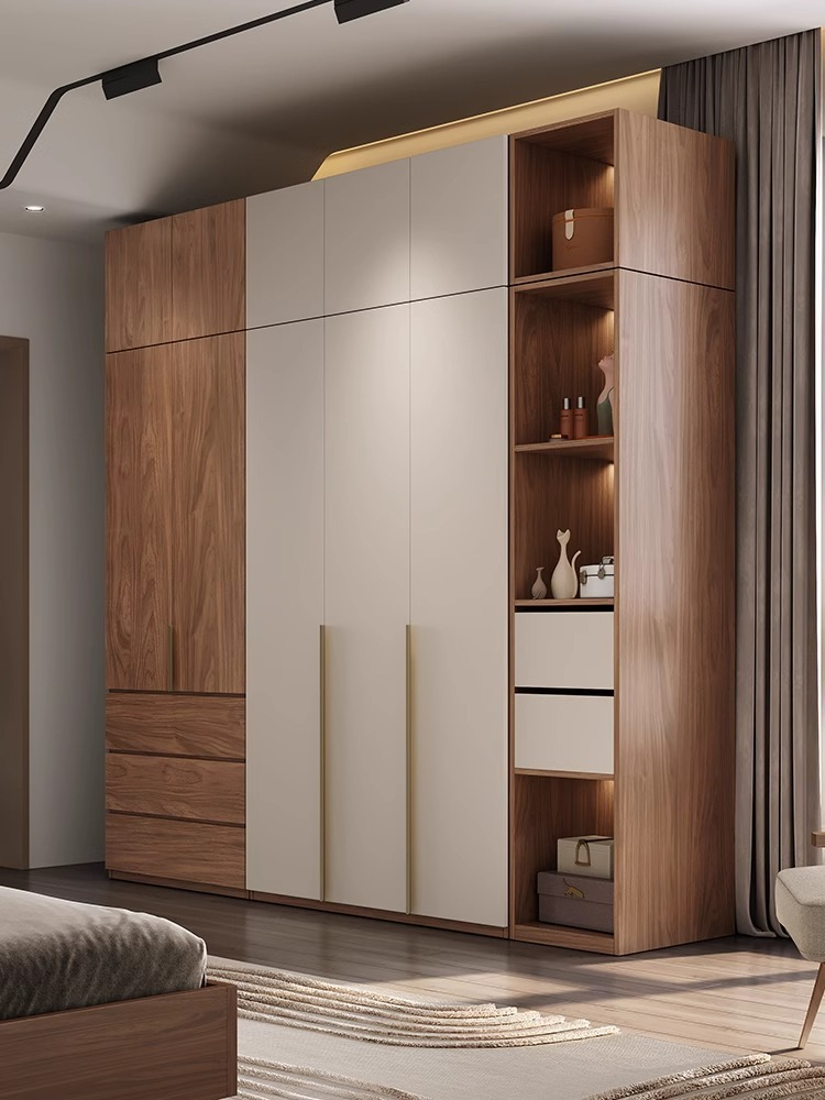 [Pre-order]  Wardrobe home bedroom Nordic style economy modern simple combination of small apartment walnut color finished assembly cabinet-Smart-Living