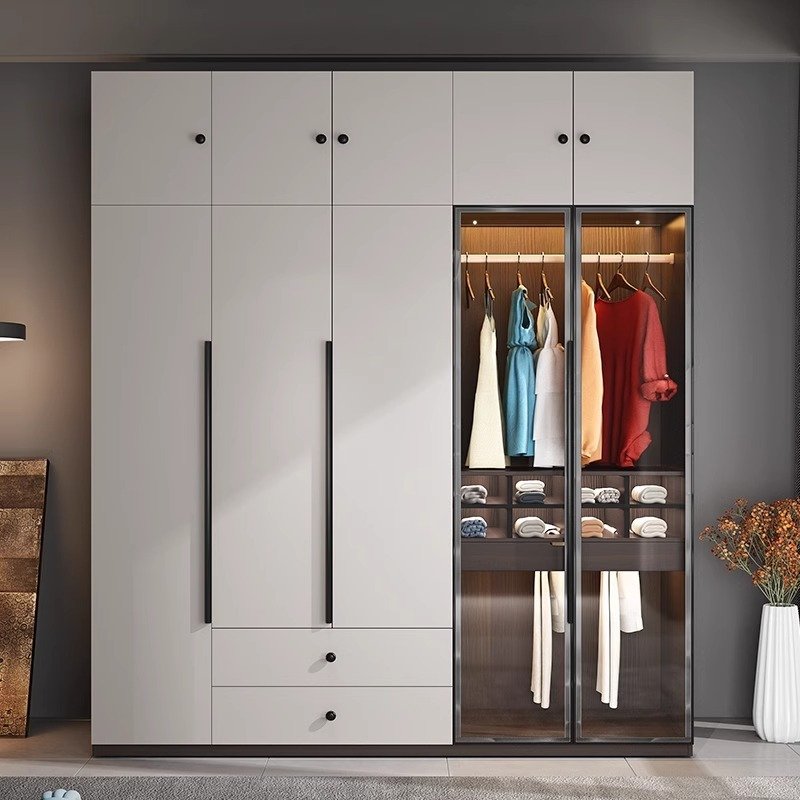 [Pre-order]  Solid wood wardrobe bedroom home with glass door modern simple open door storage cabinets light luxury wardrobe-Smart-Living