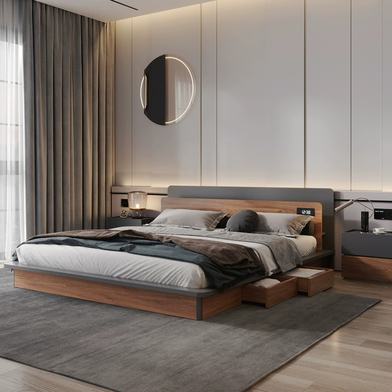[Pre-order]  Nordic style bed light luxury modern simple side open tatami mat assembly low bed double small bedroom storage marriage bed-Smart-Living