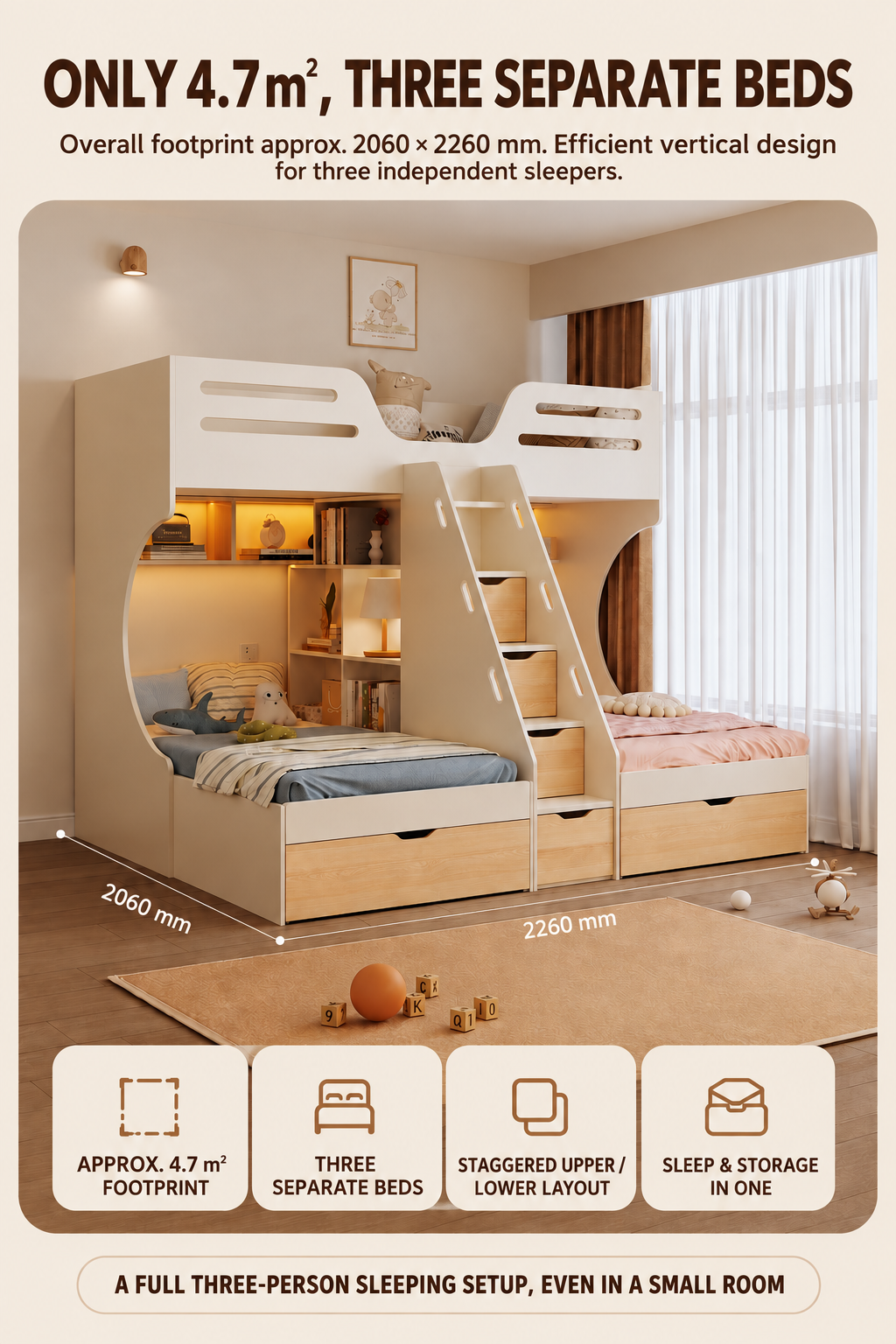 Space-Saving Triple Bunk Bed with Staircase Storage | Bunk Bed Singapore