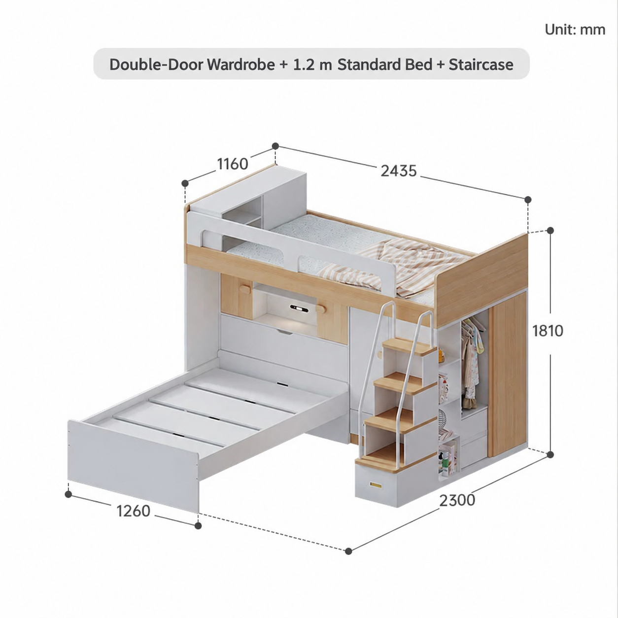 Double-Door Wardrobe + 1.2 m Standard Bed + Staircase