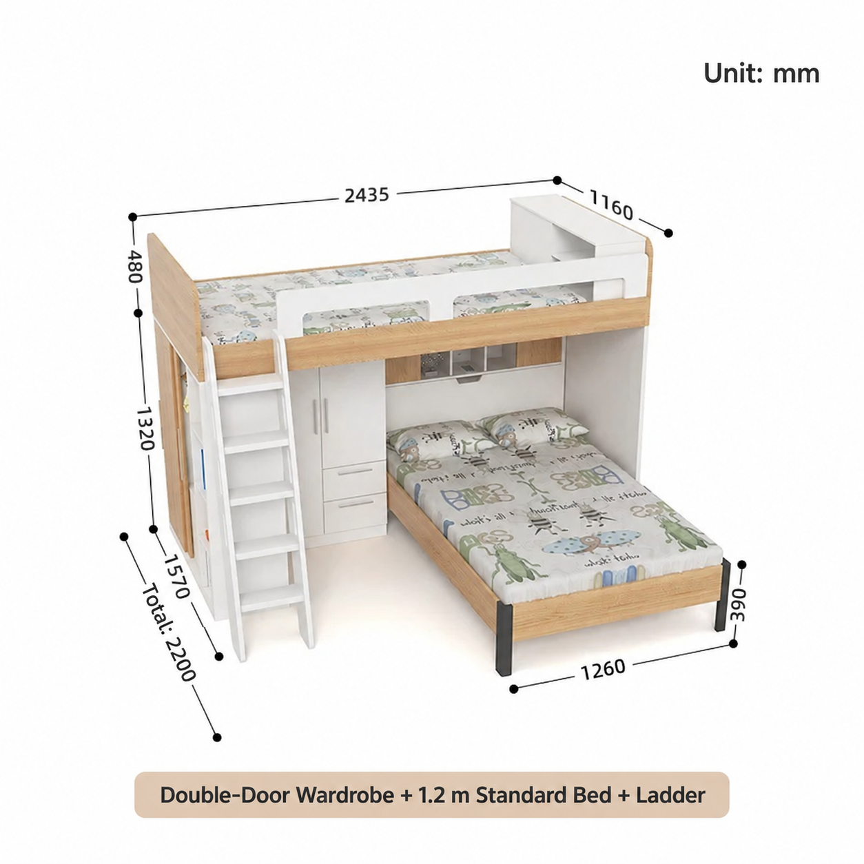 Double-Door Wardrobe + 1.2 m Standard Bed + Ladder