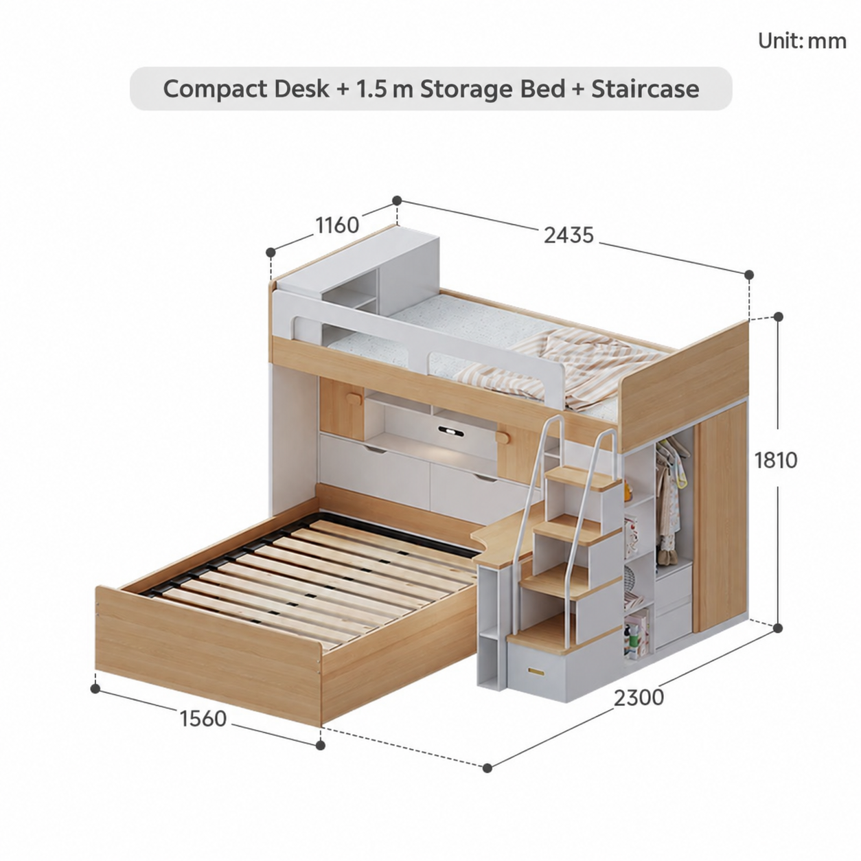 Compact Desk + 1.5 m Storage Bed + Staircase