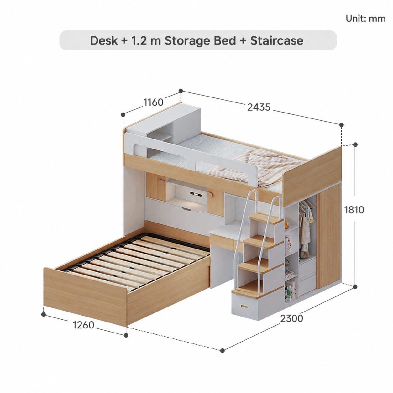 Desk + 1.2 m Storage Bed + Staircase