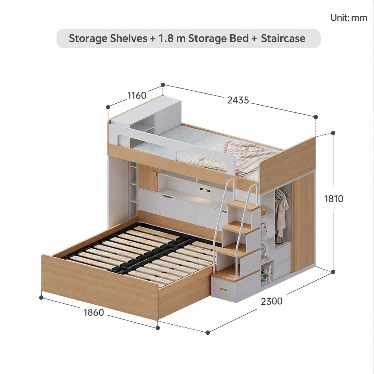 Storage Shelves + 1.8 m Storage Bed + Staircase