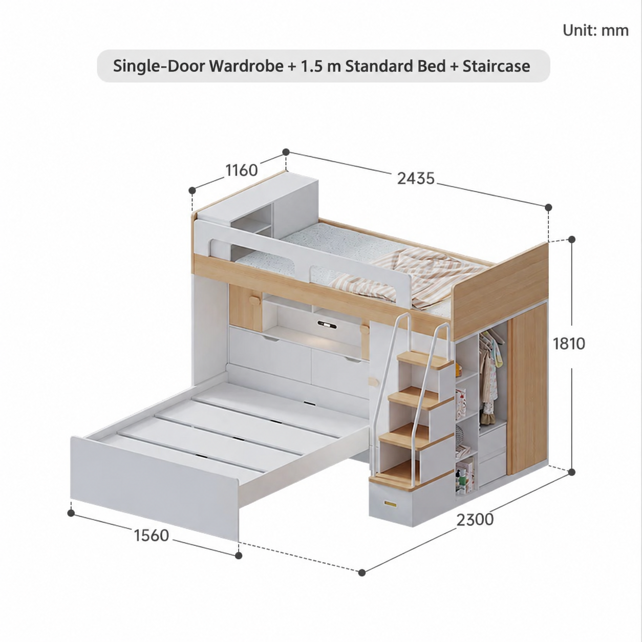 Single-Door Wardrobe + 1.5 m Standard Bed + Staircase