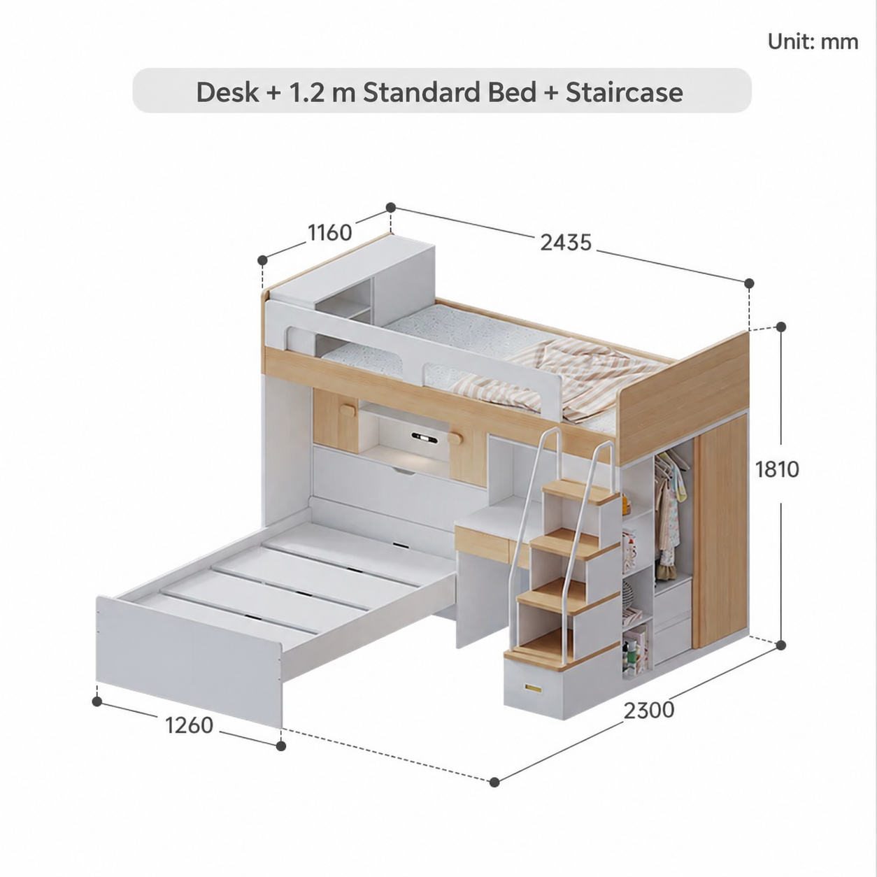 Desk + 1.2 m Standard Bed + Staircase