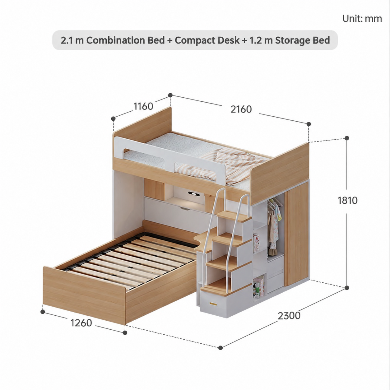 2.1 m Combination Bed + Compact Desk + 1.2 m Storage Bed