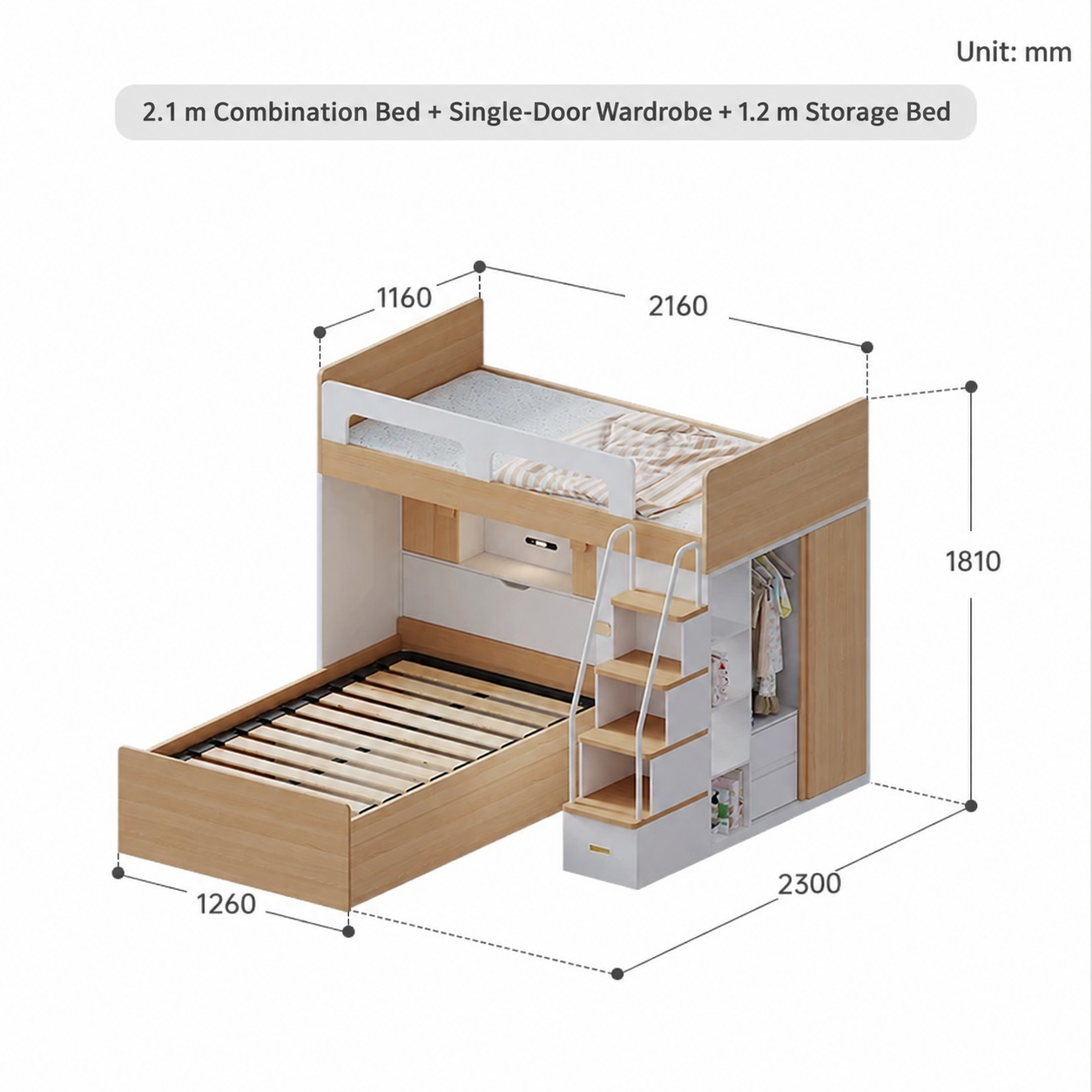 2.1 m Combination Bed + Single-Door Wardrobe + 1.2 m Storage Bed