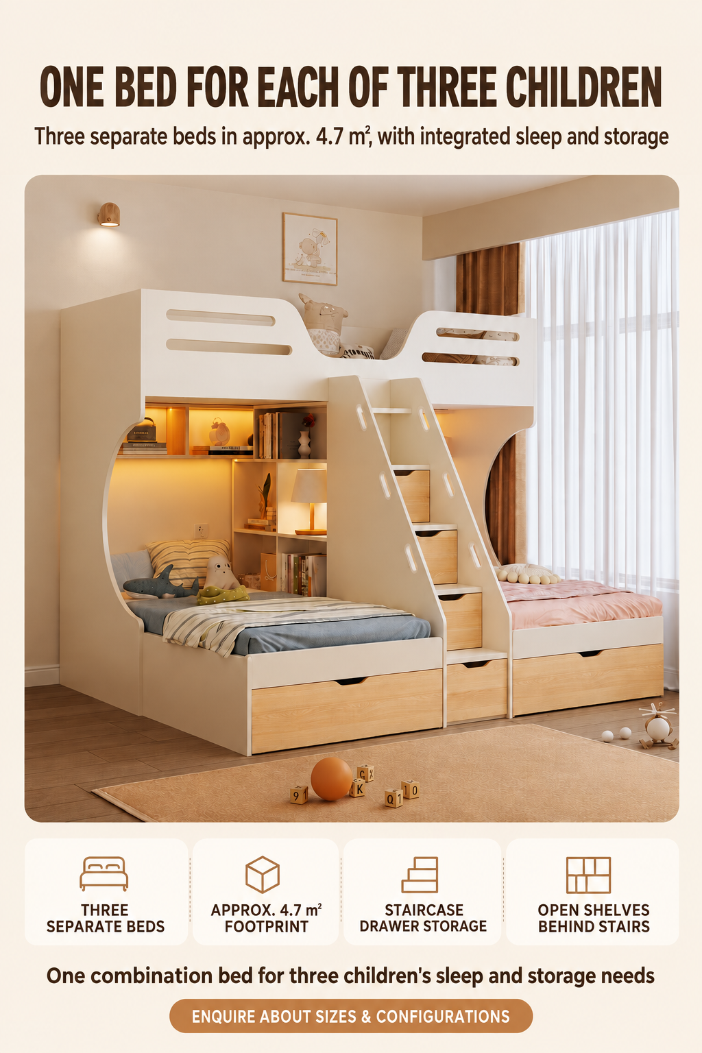 Space-Saving Triple Bunk Bed with Staircase Storage | Bunk Bed Singapore
