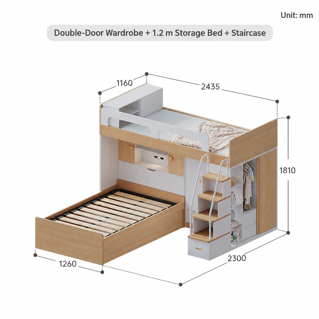 Double-Door Wardrobe + 1.2 m Storage Bed + Staircase