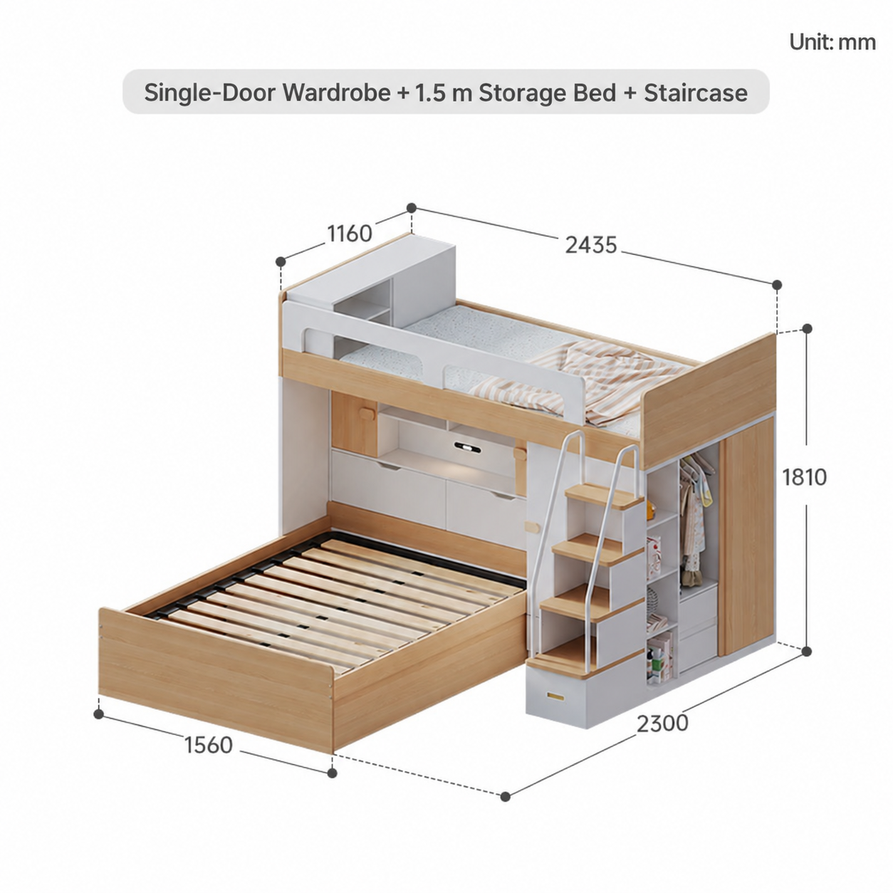 Single-Door Wardrobe + 1.5 m Storage Bed + Staircase