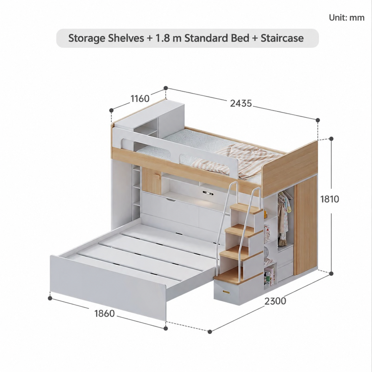 Storage Shelves + 1.8 m Standard Bed + Staircase