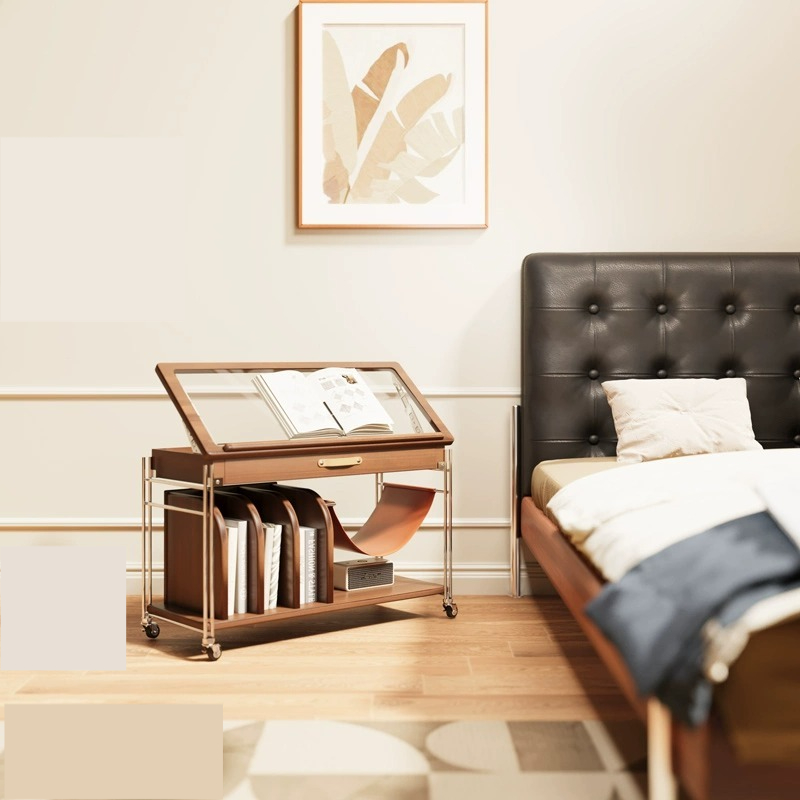 [Pre-order]  Solid wood mobile side table magazine cabinet integrated multi-functional storage cabinet simple dustproof bedroom bedside table vintage side cabinet-Smart-Living