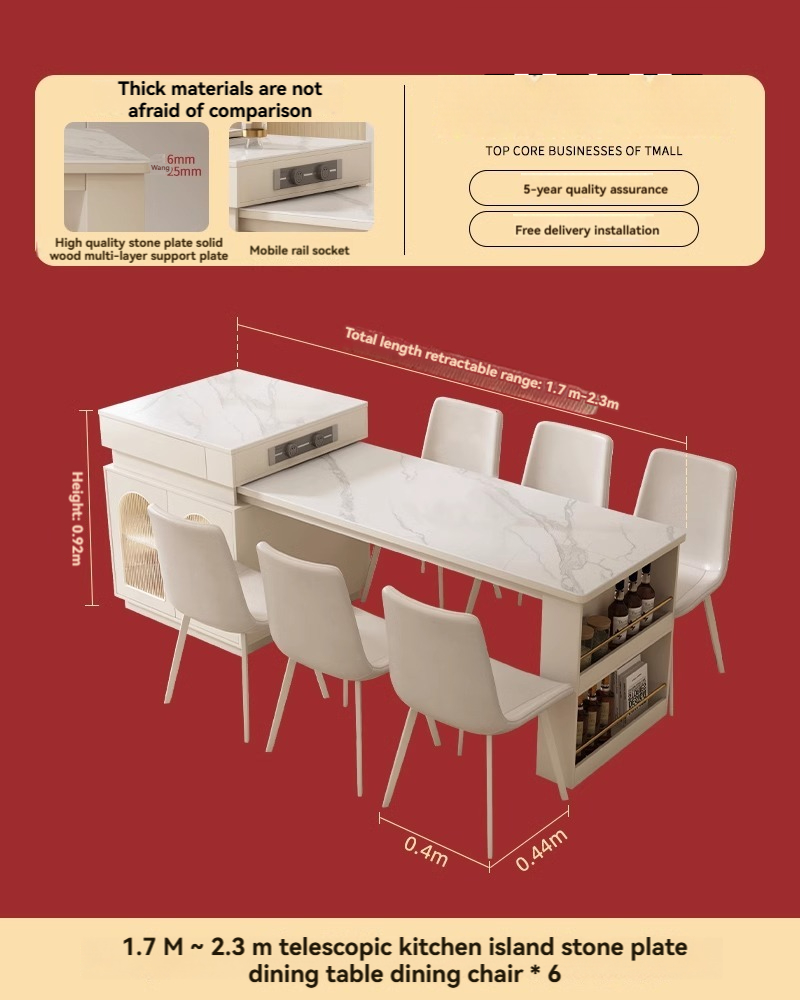 [Pre-order] Oulang Creamy style dining room island dining table and chairs combination retractable living room solid wood slate dining table 2024 new-Smart-Living